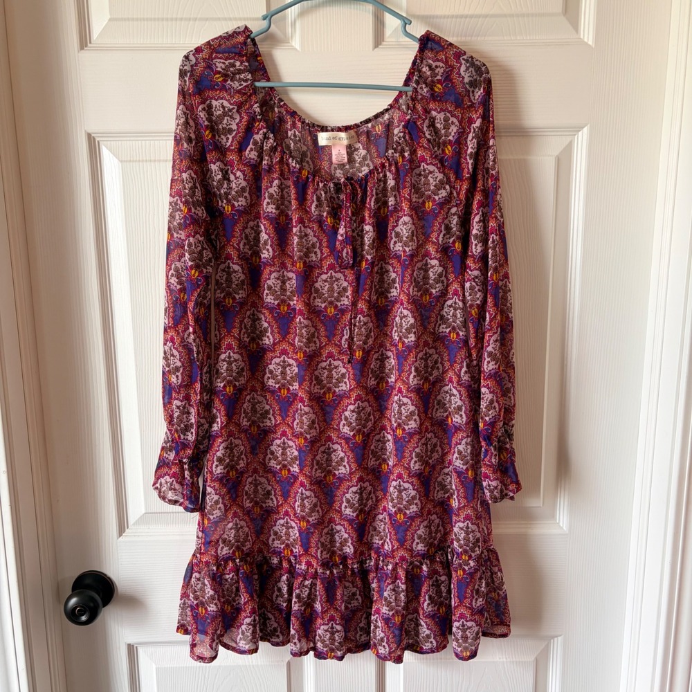 Band of Gypsies Purple Pink Paisley Boho Ruffle Hem Mini Dress Sheer Long Sleeve